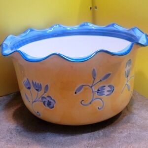 RB Portugal Hand Painted Yellow Blue Floral Ruffled Ceramic Serving Bowl 9 inch